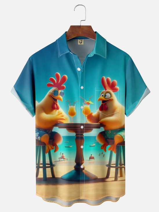 Moisture-wicking Beach Fun Chicken Chest Pocket Hawaiian Shirt