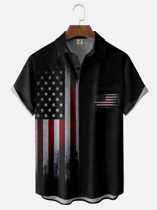 Hardaddy American Flag Chest Pocket Short Sleeve Casual Shirt