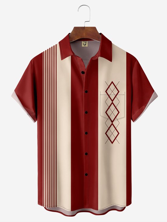 Tall Size Moisture Wicking Geometric Chest Pocket Bowling Shirt