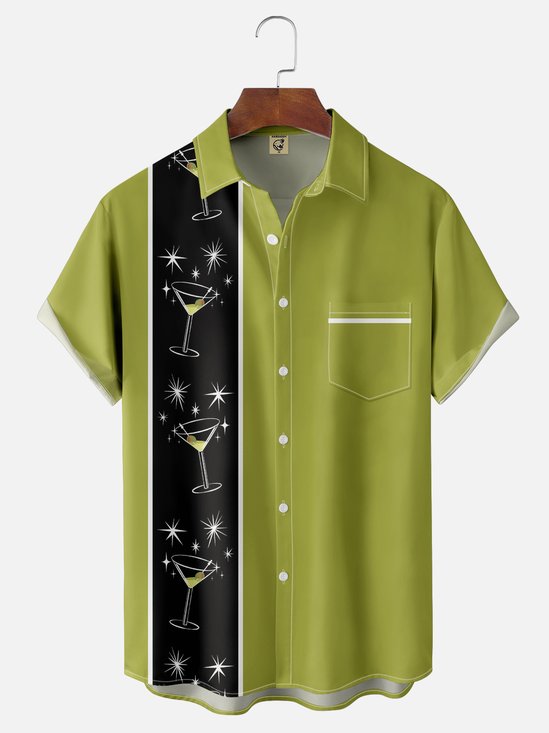 Moisture-wicking Mid-century Geomatric Cocktail Chest Pocket Bowling Shirt