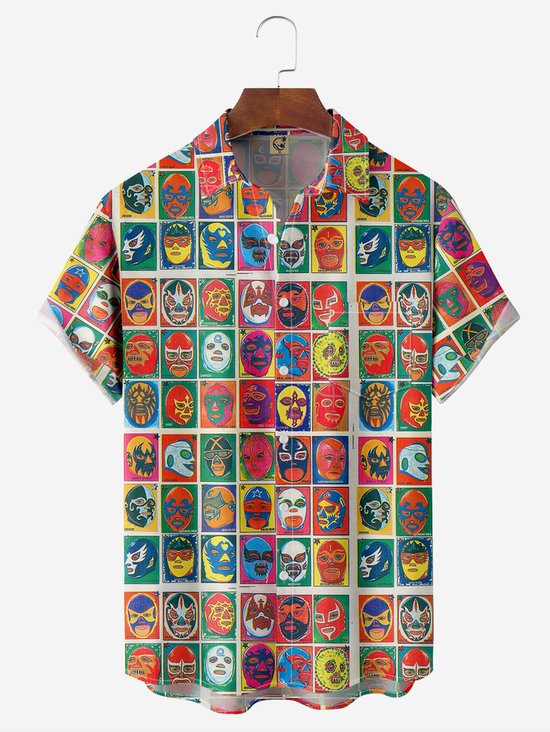 Tall Size Mexican Lucha Libre Chest Pocket Hawaiian Shirt