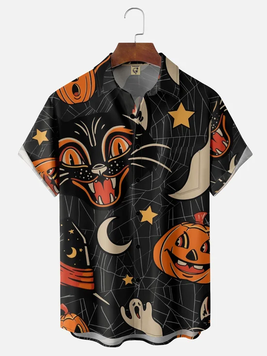 Tall Size Moisture-wicking Halloween Pumpkin Cat Print Chest Pocket Hawaiian Shirt