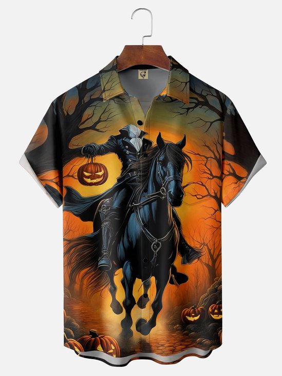 Moisture-wicking Halloween Headless Horseman Chest Pocket Hawaiian Shirt