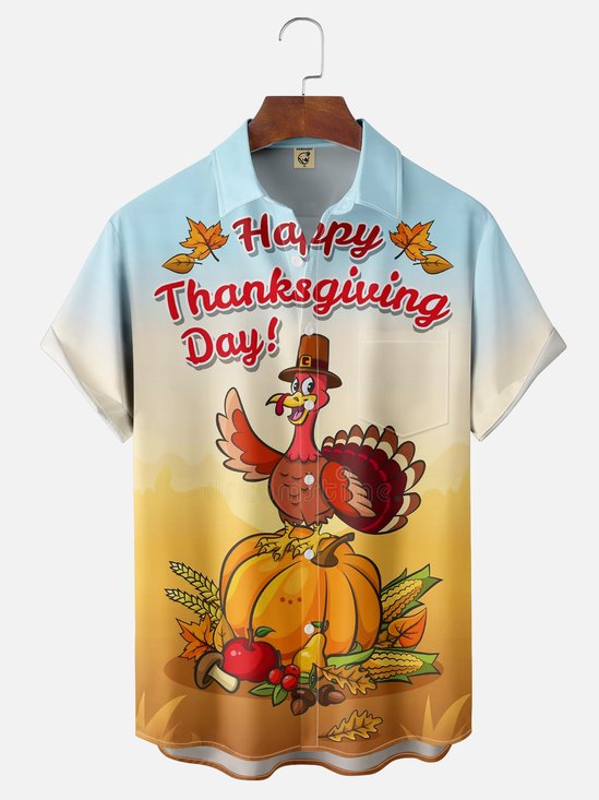 Moisture-wicking Thanksgiving Turkey Chest Pocket Hawaiian Shirt