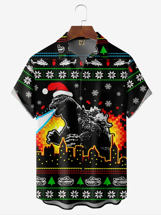 Tall Size Moisture-wicking Christmas Dinosaur Chest Pocket Holiday Shirt