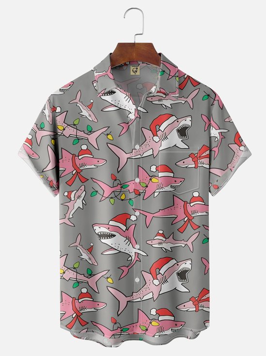 Moisture Wicking Christmas Shark Chest Pocket Hawaiian Shirt