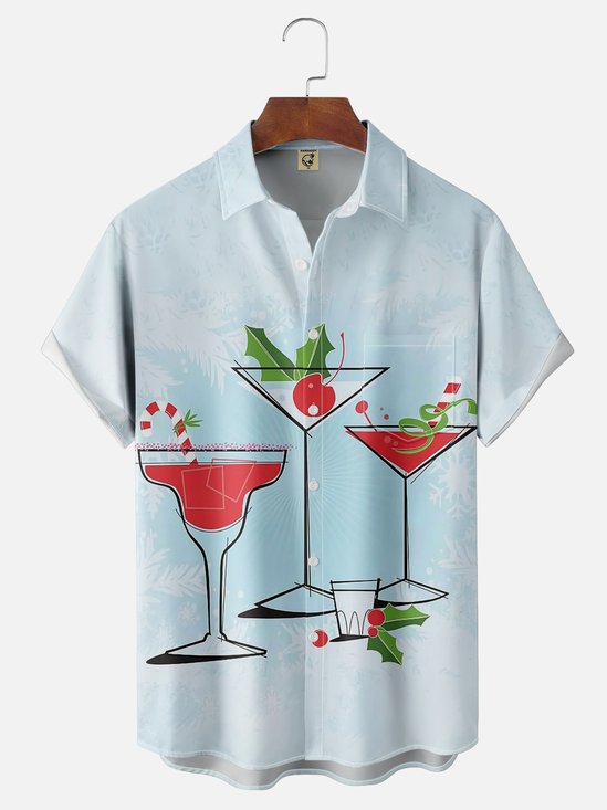 Moisture-wicking Christmas Cocktail Chest Pocket Hawaiian Shirt