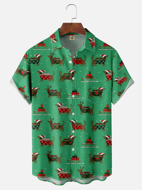 Moisture-wicking Christmas Dachshund Chest Pocket Casual Shirt