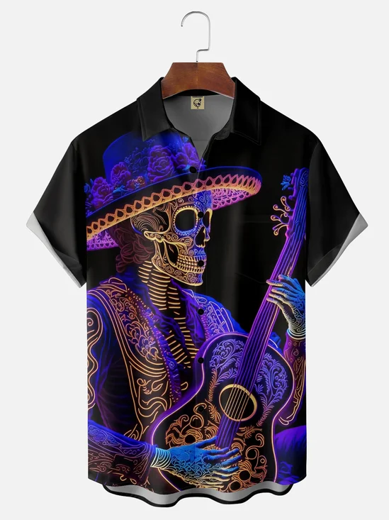 Moisture-wicking Day of the Dead Skeleton Music Guitar Chest Pocket Casual Shirt