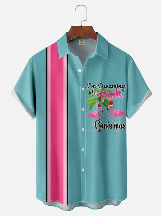 Moisture-wicking Flamingo Christmas Santa Chest Pocket Bowling Shirt