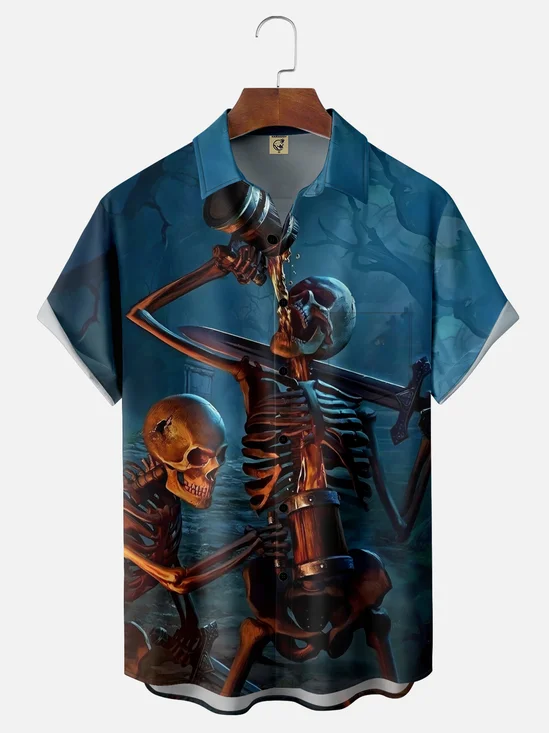 Moisture-wicking Skeleton Drinking Beer Chest Pocket Hawaiian Shirt