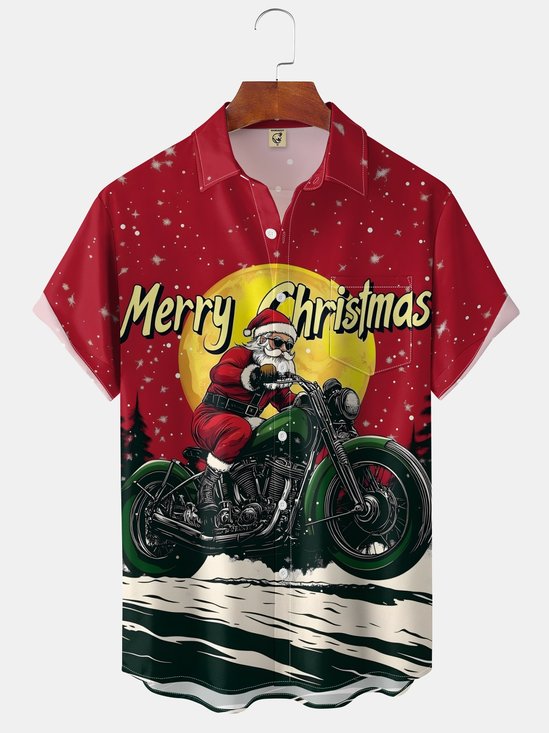 Moisture-wicking Motorcycle Santa Chest Pocket Hawaiian Shirt