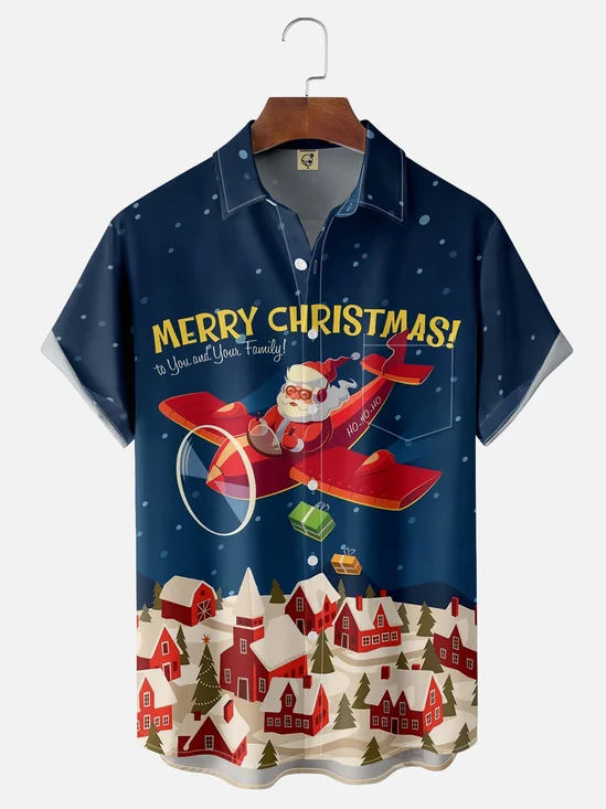 Moisture-wicking Christmas Santa Plane Chest Pocket Casual Shirt