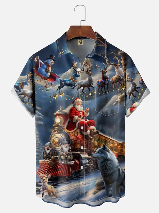 Moisture-wicking Christmas Santa Chest Pocket Casual Shirt