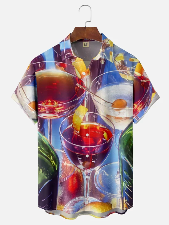 Moisture Wicking Abstract Cartoon Retro Cocktail Chest Pocket Hawaiian  Shirt