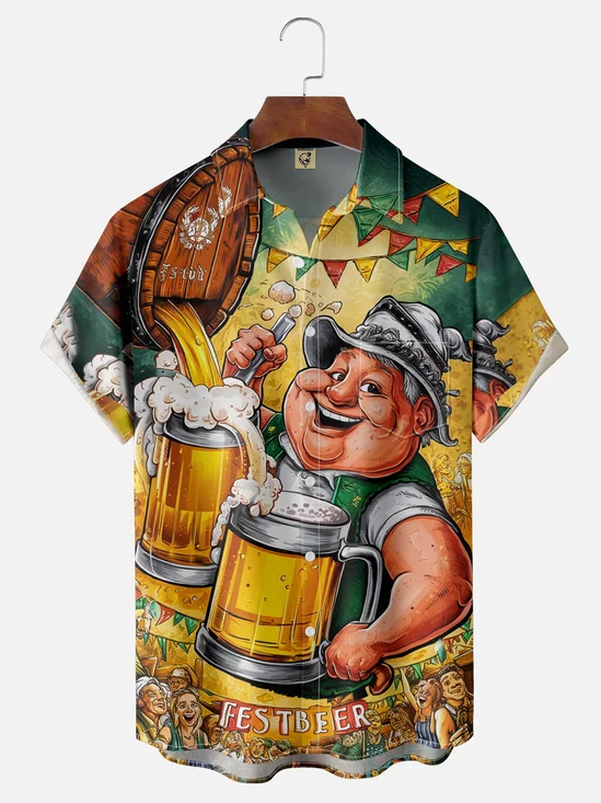 Moisture-wicking Happy Beer Festival Chest Pocket Hawaiian Shirt