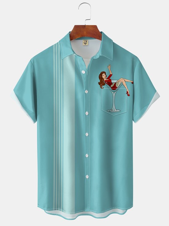 LooseMoisture-wicking Oktoberfest Cocktail Girl Chest Pocket Bowling Shirt