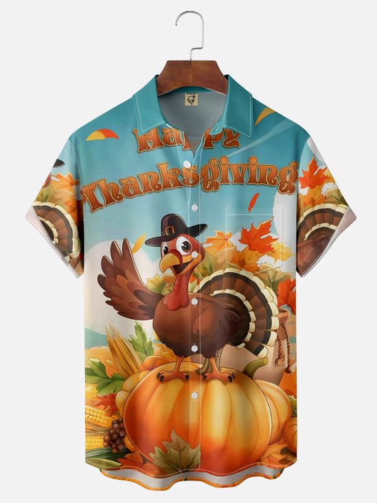 Moisture Wicking Thanksgiving Turkey Chest Pocket Hawaiian Shirt