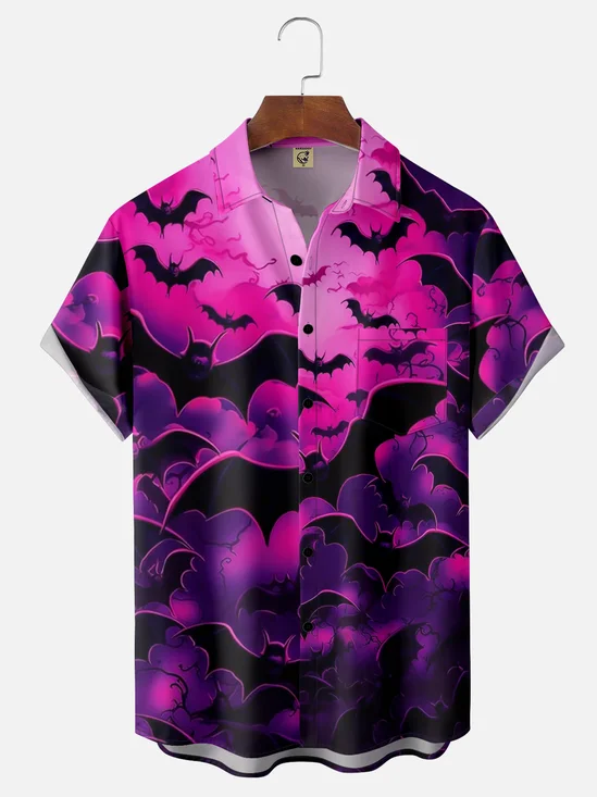 Moisture-wicking Halloween Bat Painting Chest Pocket Hawaiian Shirt