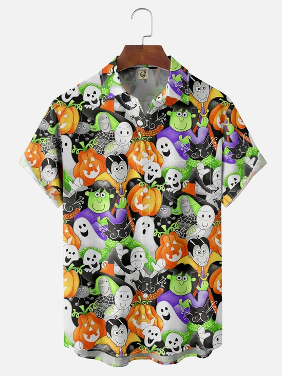 Moisture Wicking Halloween Pumpkin Ghost Spider Chest Pocket Hawaiian Shirt