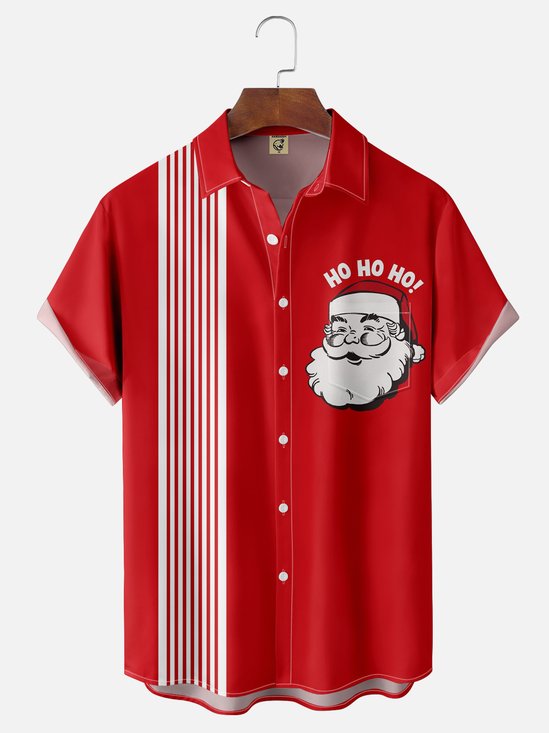 Moisture-wicking Christmas Santa Hos Chest Pocket Bowling Shirt