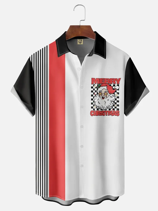 Moisture-wicking Christmas Santa Chest Pocket Bowling Shirt