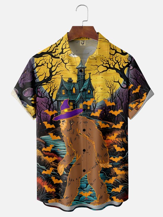 Moisture-wicking Halloween Bigfoot Chest Pocket Casual Shirt