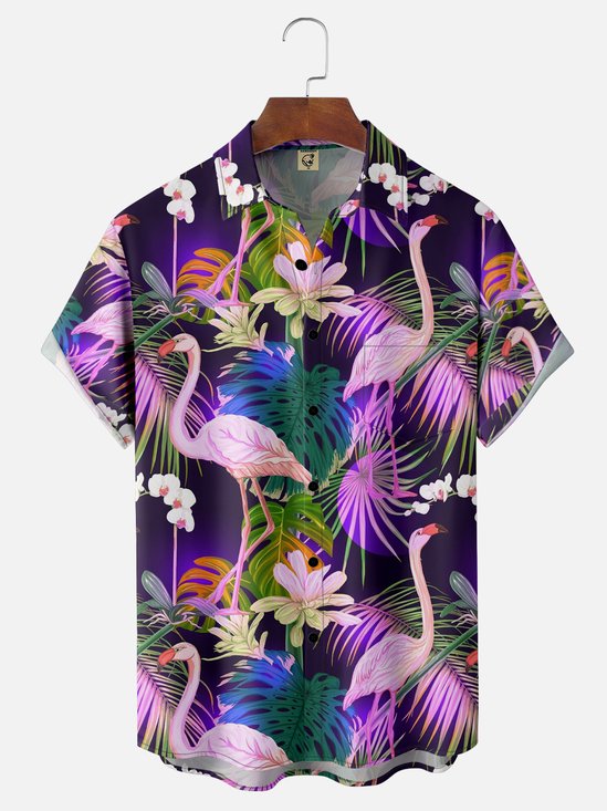 Moisture-wicking Flamingo Print Chest Pocket Hawaiian Shirt