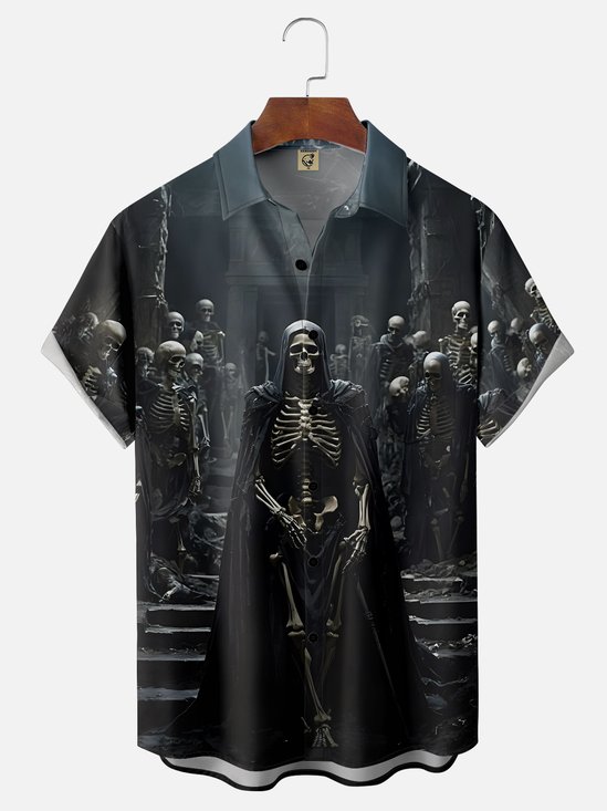 Moisture-wicking Halloween Skull Chest Pocket Casual Shirt