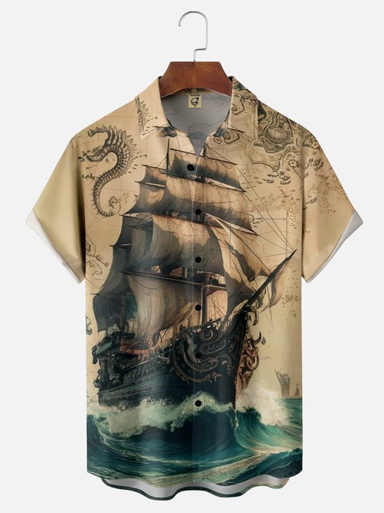 Moisture-wicking Art Map Sailboat Chest Pocket Hawaiian Shirt