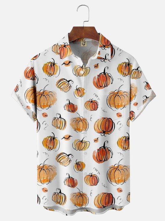 Moisture-wicking Thanksgiving Pumpkin Chest Pocket Hawaiian Shirt