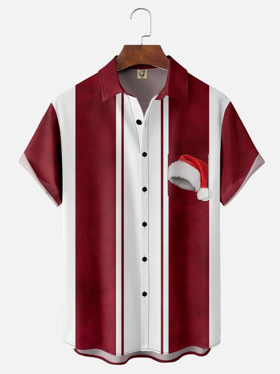 Moisture-wicking Christmas Santa Hat Chest Pocket Bowling Shirt