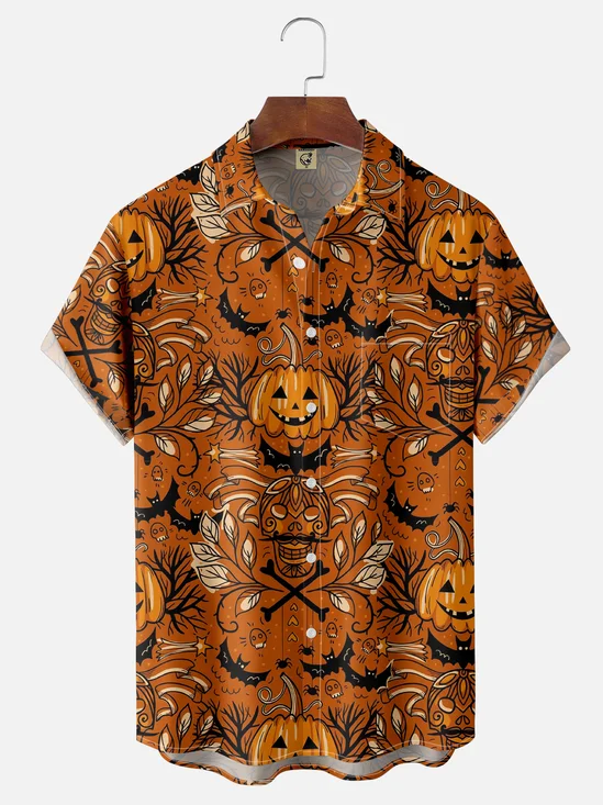 Moisture Wicking Halloween Pumpkin Bat Chest Pocket Hawaiian Shirt