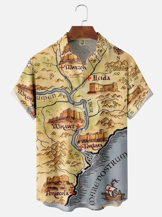 Moisture-wicking Columbus Day Map Sailboat Chest Pocket Hawaiian Shirt