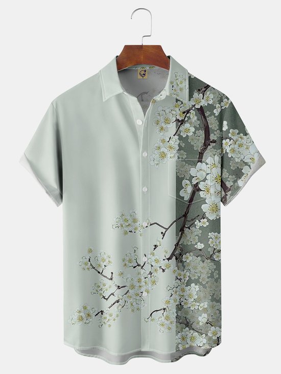 Tall Size Moisture-wicking Japanese Sakura Floral Chest Pocket Hawaiian Shirt