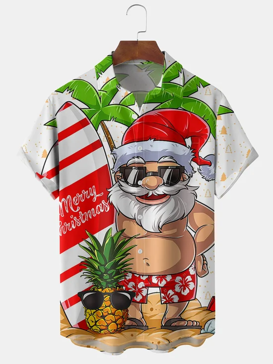 Tall Size Moisture-wicking Christmas Santa Chest Pocket Hawaiian Shirt