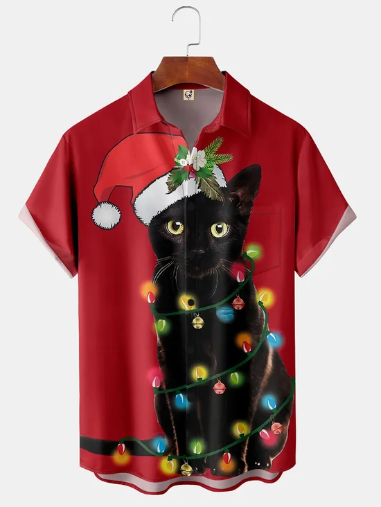 Tall Size Moisture-wicking Christmas Black Cat Chest Pocket Hawaiian Shirt