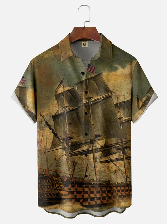 Moisture-wicking Columbus Day Sailing Boat Chest Pocket Hawaiian Shirt