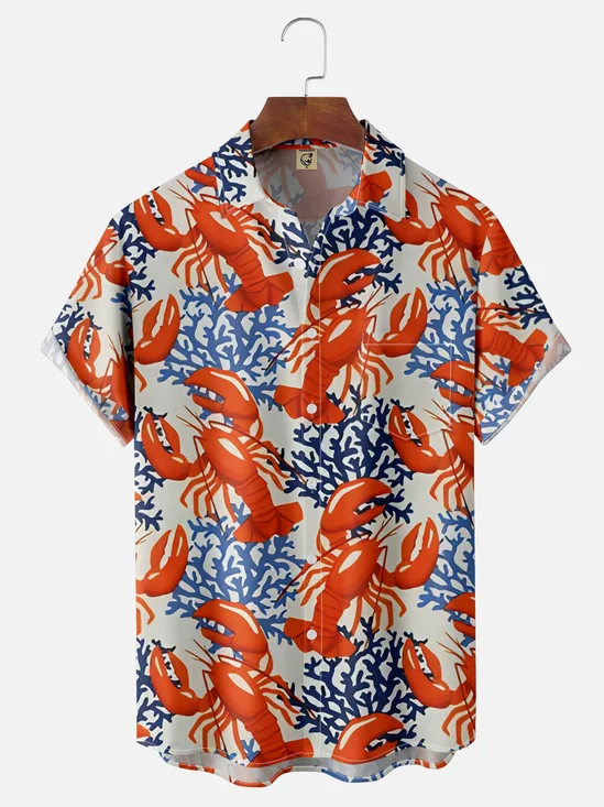 Moisture-wicking Sea Life Lobster Chest Pocket Hawaiian Shirt