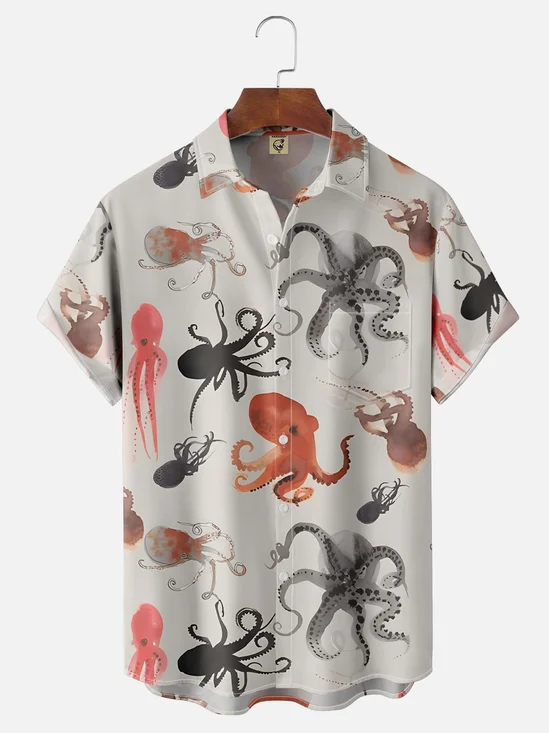 Moisture-wicking Sea Life Octopus Chest Pocket Hawaiian Shirt